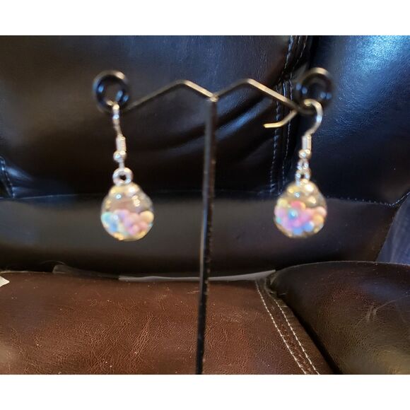 2 Pair Earrings Pink Enamel Butterflies Candy Balls in Glass Orb Butterfly - Picture 4 of 4